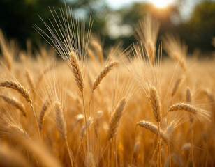 Golden wheat field basking in warm sunlight, perfect for agriculture, harvest, or rural themes with a touch of serene beauty and natural abundance