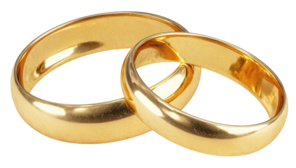 Two gold wedding rings, one overlapping the other, symbolizing unity and commitment