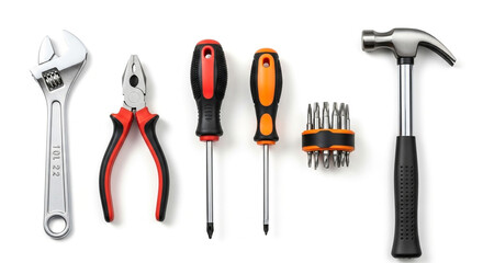 Collection of common hand tools including a wrench pliers screwdrivers and hammer