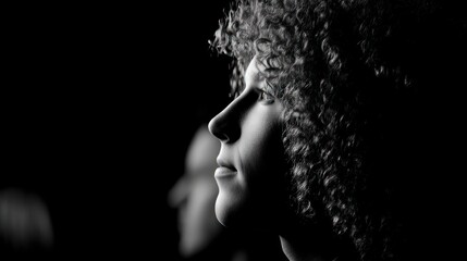 Profile of person with curly hair in dramatic black and white portrait
