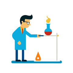 Scientist in lab coat conducting chemical experiment with flask and flame