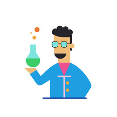 Scientist character holding flask with bubbles and green liquid
