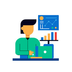 Person analyzing data on a laptop with charts and graphs displayed on a screen