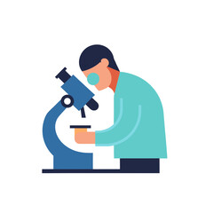 Scientist in lab coat examining sample under microscope in flat design style