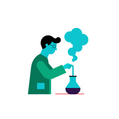 Scientist in lab coat conducts chemical experiment with bubbling flask and blue smoke