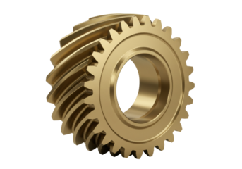 Golden helical gear isolated on transparent background, mechanical component for engineering and industrial applications