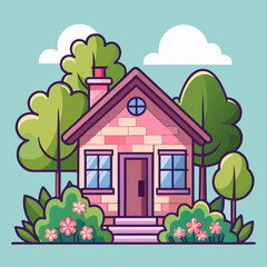 Charming pink stone cottage surrounded by lush green trees and blooming flowers