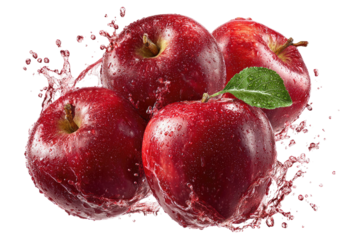 Four vibrant red fruits with water droplets and a splash, showcasing freshness and natural elements