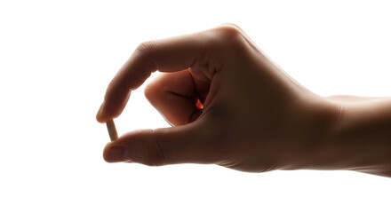 Close up of a hand holding a small pill or capsule against a white background