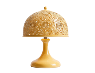 Ornate cream-colored table lamp with a domed, intricately patterned shade, and a sleek base