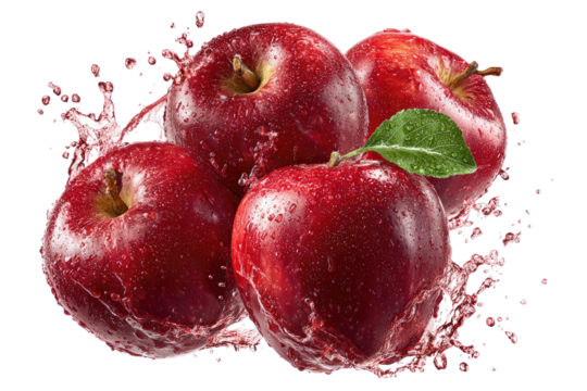 Four vibrant red fruits with water droplets and a splash, showcasing freshness and natural elements