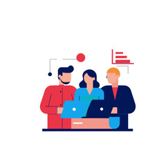 Diverse team collaborates on laptops with data visualization elements in a modern flat design