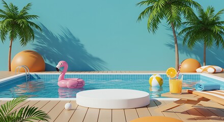 scene of pool holiday concept decorate with flamingo ballon, ball, orange juice and displays podium mock up and products presentation. Summer vibe