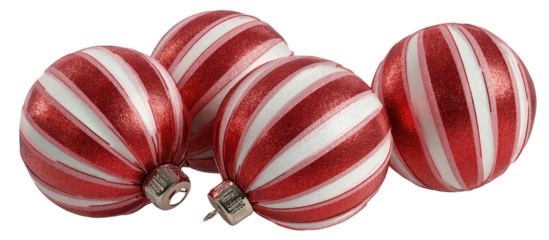Close-up of four red and white striped, glittery Christmas ornaments on a transparent background
