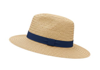 Straw boater hat with navy ribbon isolated on transparent background, classic summer headwear for sun protection and stylish fashion