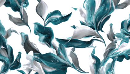 Digital painting of teal and white stylized leaves against a stark black background