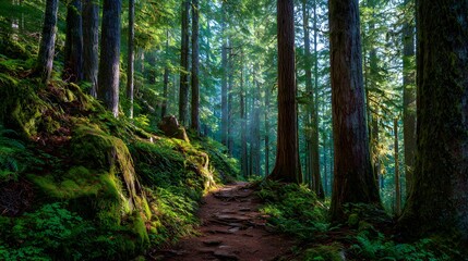A sunlit pathway winds through a lush, vibrant green forest, framed by tall trees and illuminated by dappled sunlight, creating a peaceful and inviting natural scene of serenity.