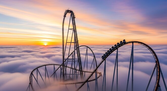 Roller Coaster Ride Above the Clouds at Sunset.