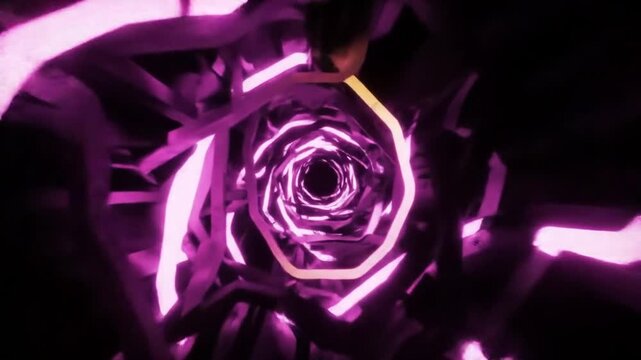 Hypnotic descent through glowing neon tunnel of twisting geometric shapes in endless loop with vibrant purple and pink lights creating a futuristic immersive visual journey