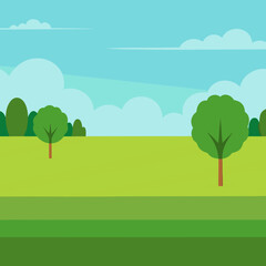 Obraz premium Vibrant flat design landscape with green fields trees and blue sky