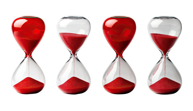 Four clear hourglasses in sequence, displaying a progression of red sand as time passes