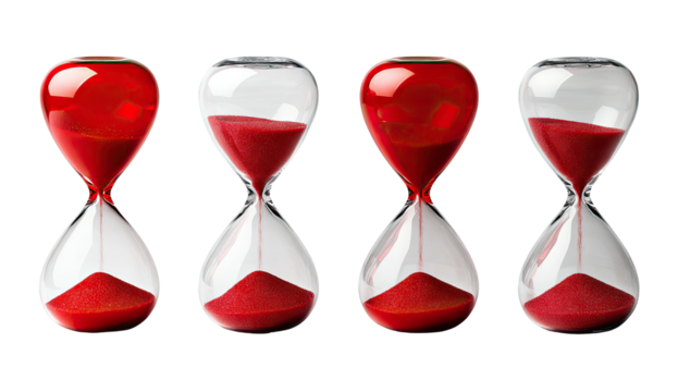 Four clear hourglasses in sequence, displaying a progression of red sand as time passes