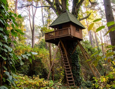 Wooden treehouse nestled in autumn forest