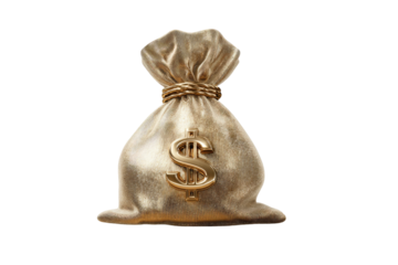 A golden-colored, tied sack featuring a dollar sign, rendered against a stark black background