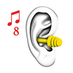 Ear with yellow earplug and musical notes representing sound protection