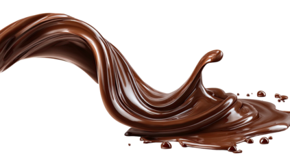 A rich, dynamic splash of dark, glossy melted confectionery, isolated against a black background
