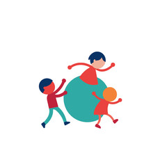 Diverse children joyfully interacting around a large teal ball on a black background