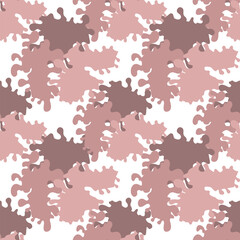 Seamless vector pattern of organic, splotchy shapes in muted rose and brown tones on a white background.