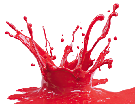 Vivid splash of scarlet liquid erupting upwards, isolated against a transparent background