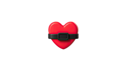 A glossy red heart, realistically rendered, is cinched tightly by a black belt with a rectangular buckle