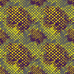 Dynamic abstract vector pattern featuring a grunge halftone effect with scattered yellow circles on a purple and gray background.