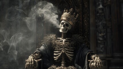 Obraz premium A skeletal figure adorned with a crown, clad in regal attire, exhales smoke while seated upon an ornate throne within a dimly lit environment, creating a dramatic and evocative ambiance with gothic...