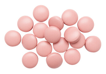 Pile of round pink pills isolated on transparent background, medication for health and wellness