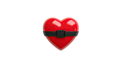 A glossy red heart with a black strap and buckle, centered on a pure black background