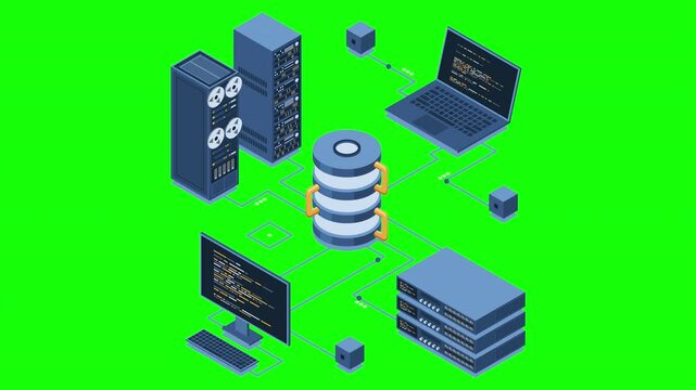 Isometric modern cloud database and networking animation. Computer service technology. Supercomputer. Isometric technology. 4K video animated in isometric style