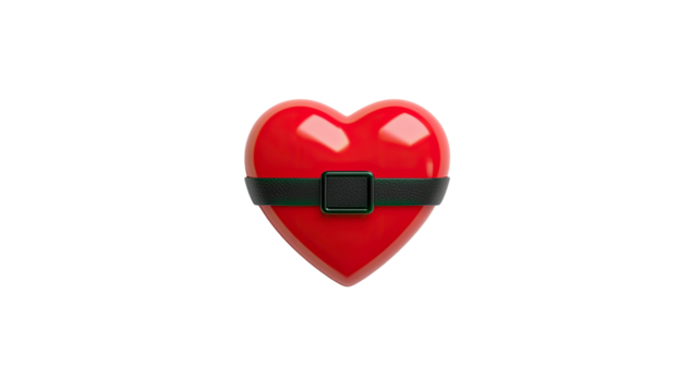 A glossy red heart with a black strap and buckle, centered on a pure black background