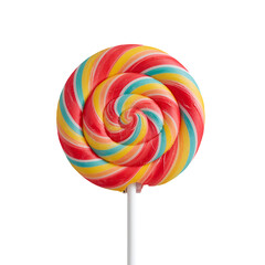 Swirled lollipop with red yellow and blue stripes on stick isolated on a transparent background