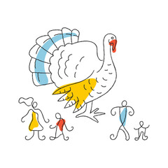Turkey bird and happy family with kids minimalist vector illustration