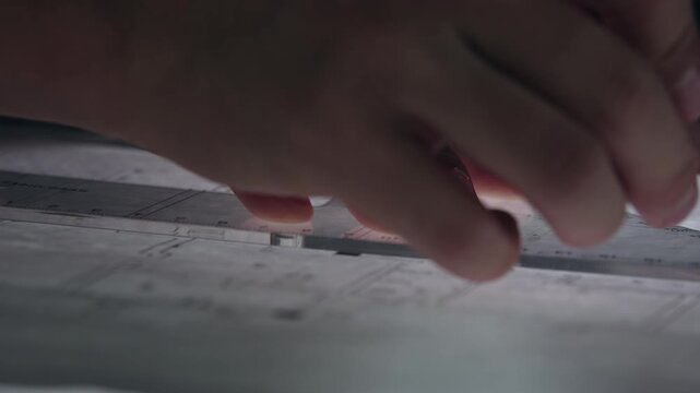Hand Pointing at Architectural Blueprints and Technical Design Drawings on Desk