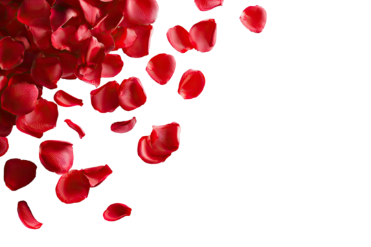 Lush, vibrant red rose petals cascading diagonally across a stark black background, creating a dramatic contrast