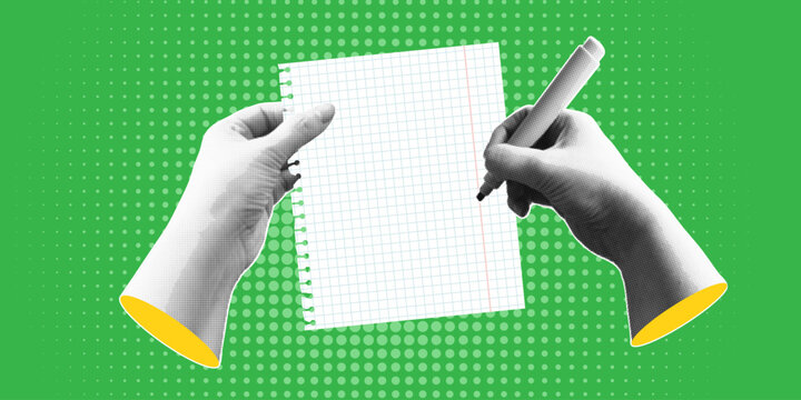 Trendy halftone banner with hands holding marker and empty sheet of paper. Modern retro style.Contemporary collage for design template. Vector illustration