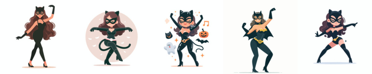 vector woman black cat costume halloween party