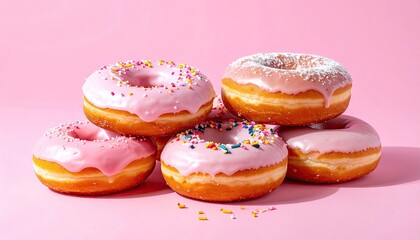 Stack of Pink Frosted Donuts with Colorful Sprinkles on Pink Background Bright Studio Lighting Sweet Treat Confection Dessert Baked Goodness Still Life