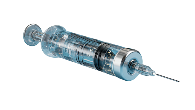 Clear, transparent syringe with needle, appearing on a solid black background, rendered