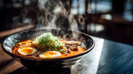 Fototapeta premium Delicious steaming bowl of food, featuring savory broth, noodles, eggs, and garnishes, the dish rests on a dark wooden table and is bathed in warm sunlight, creating a sense of comfort.