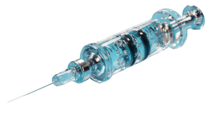 A transparent medical syringe with fluid, needle extended on a black background